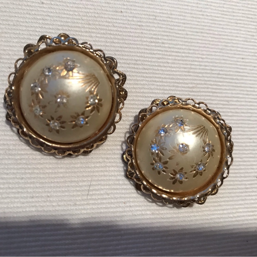 Elegant Gold and Cream with crystals Floral Earrings
